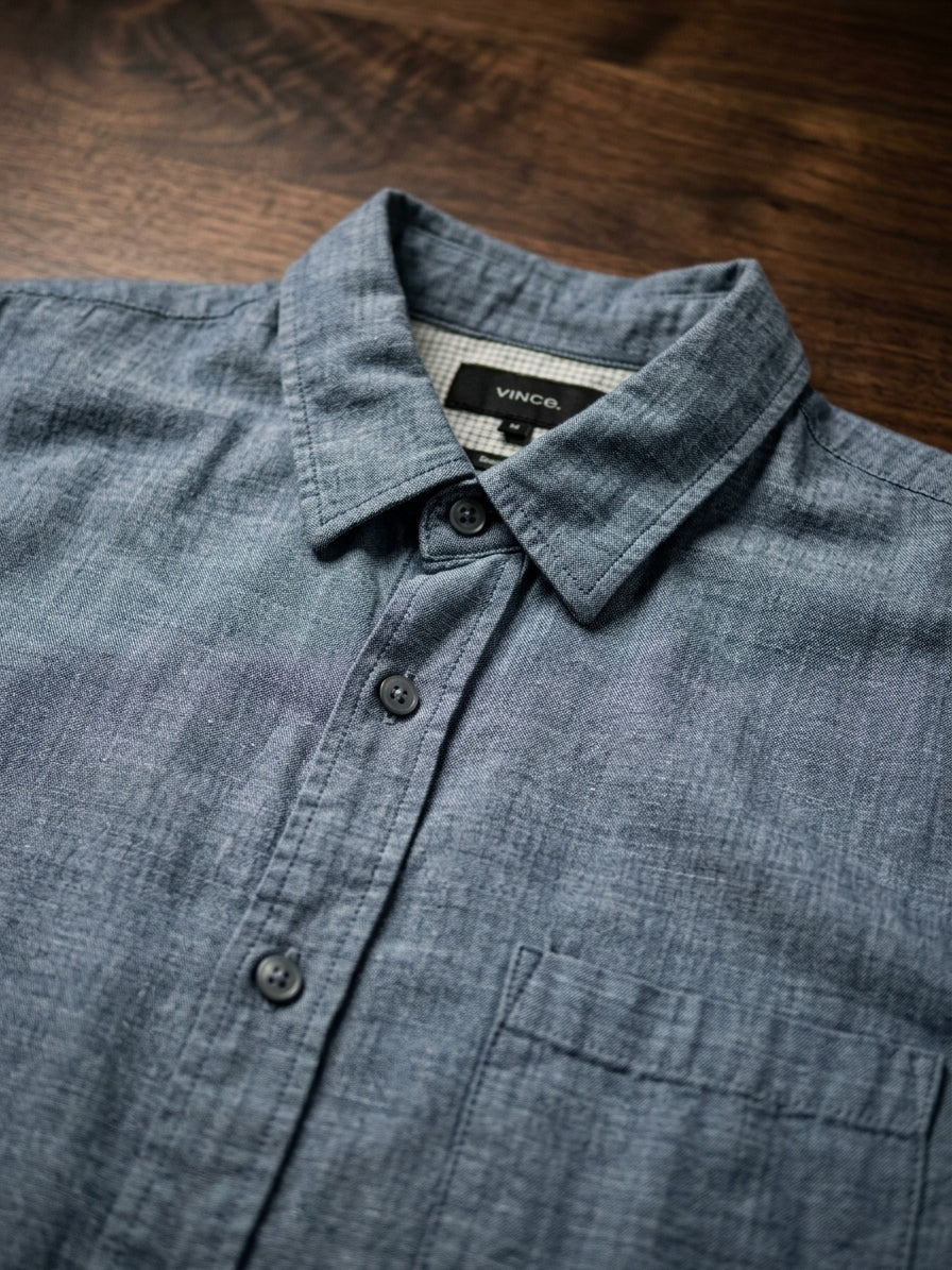 Vince Double Face Cotton Classic Fit Button-Down in Heather Blue — Medium