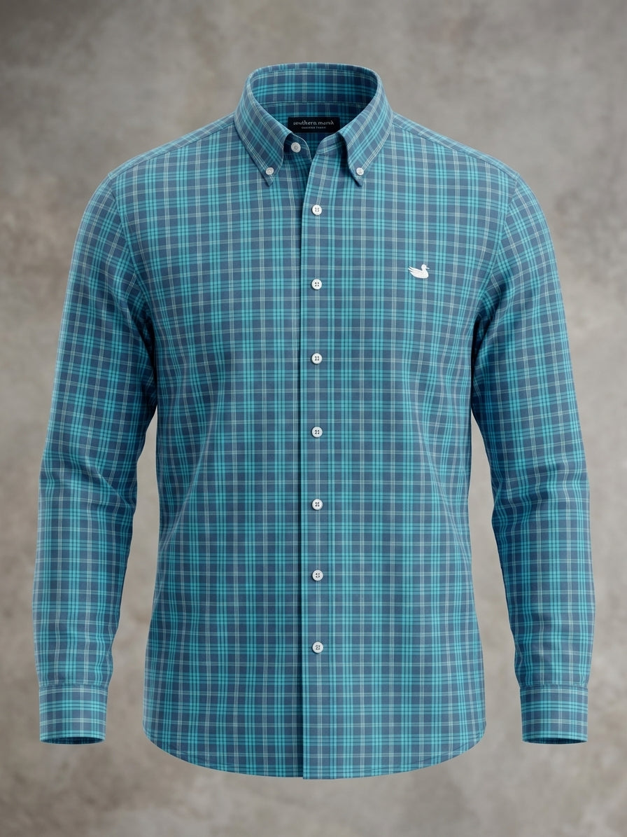 Southern Marsh Plaid Cotton Button-Down in Slate Blue & Turquoise — XL