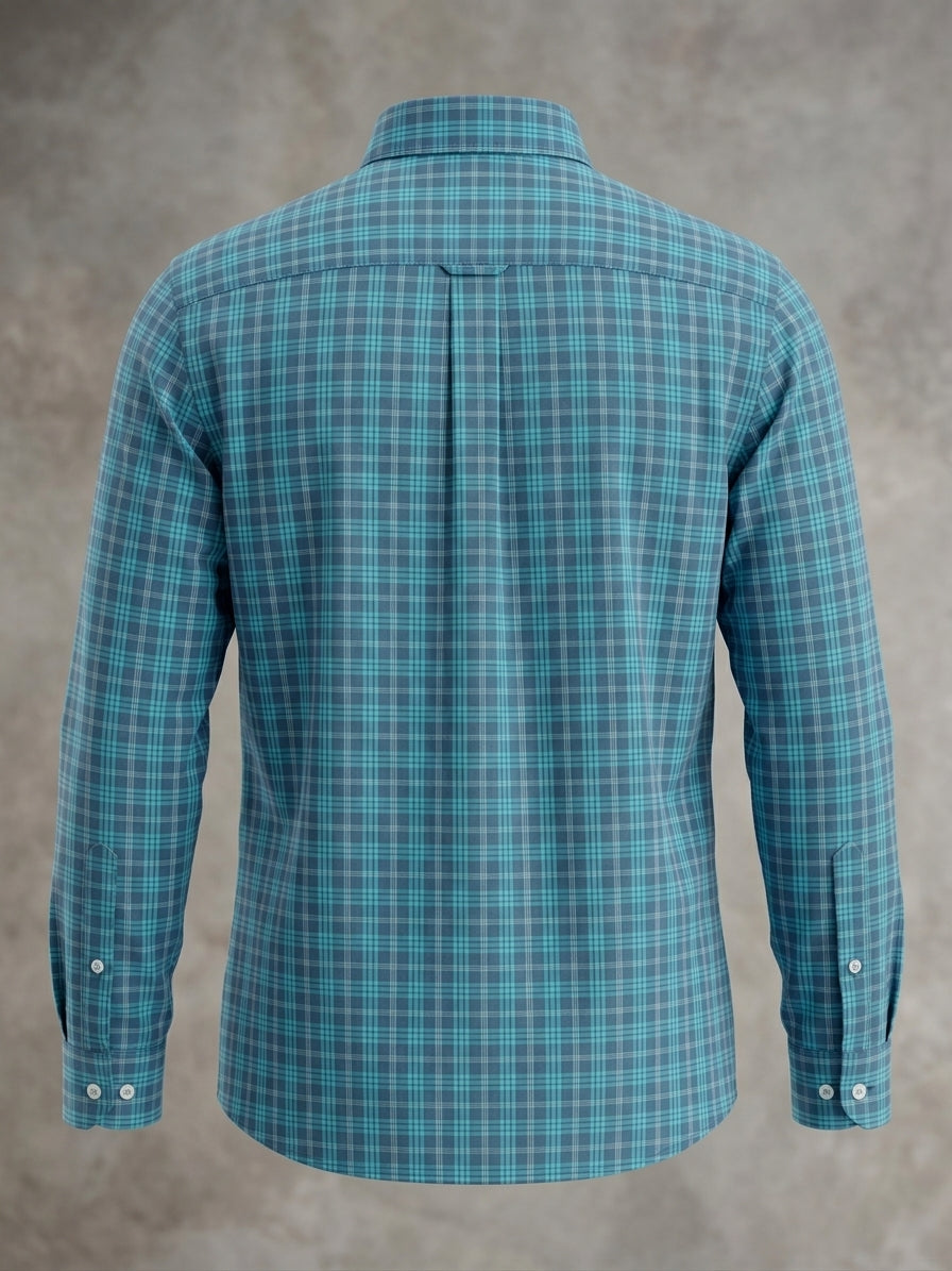 Southern Marsh Plaid Cotton Button-Down in Slate Blue & Turquoise — XL
