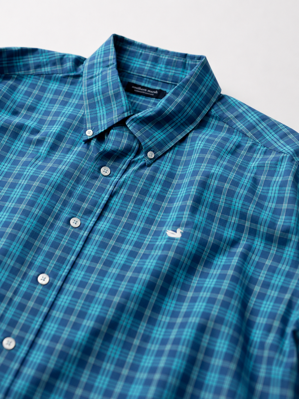 Southern Marsh Plaid Cotton Button-Down in Slate Blue & Turquoise — XL