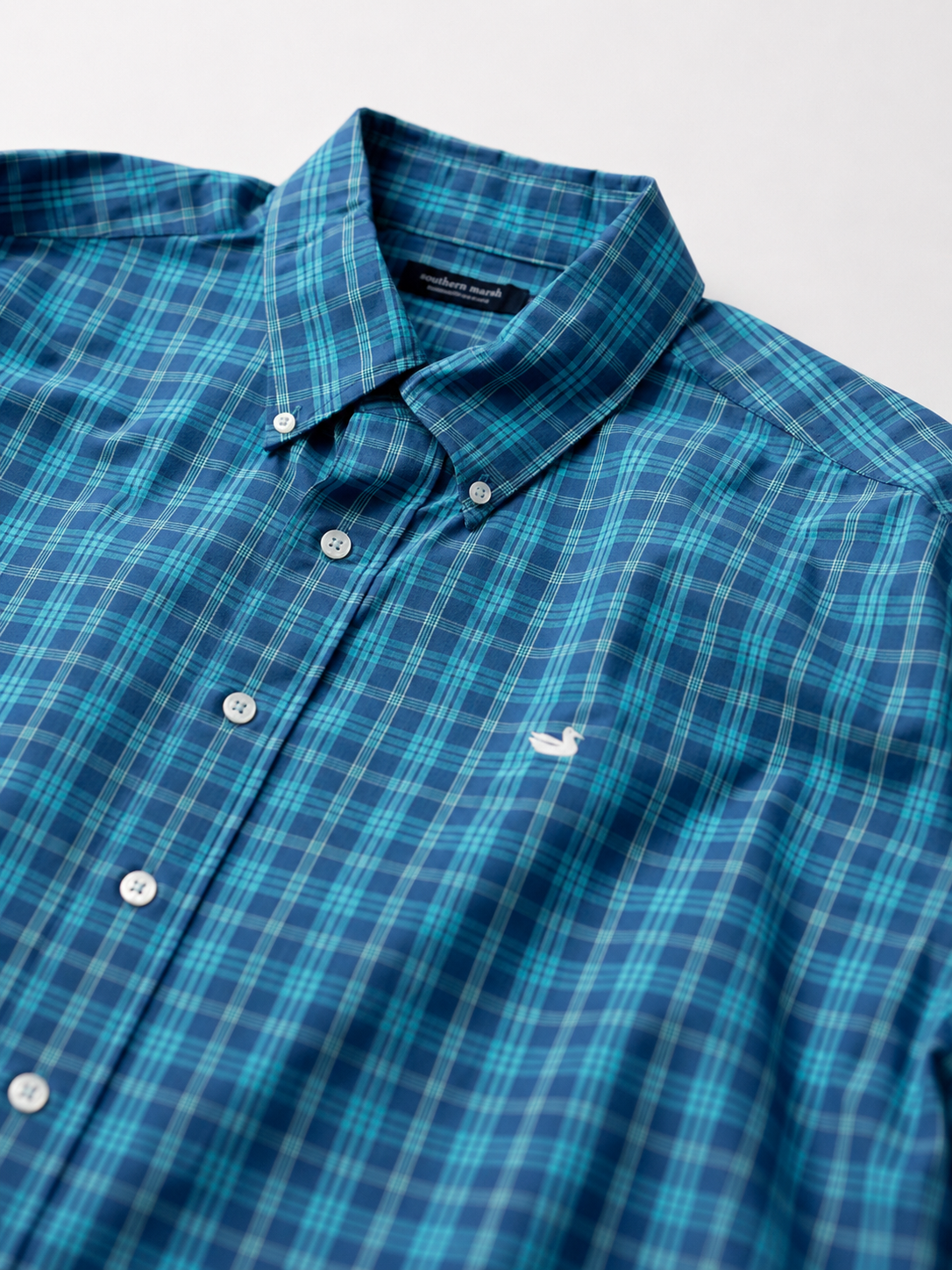 Southern Marsh Plaid Cotton Button-Down in Slate Blue & Turquoise — XL