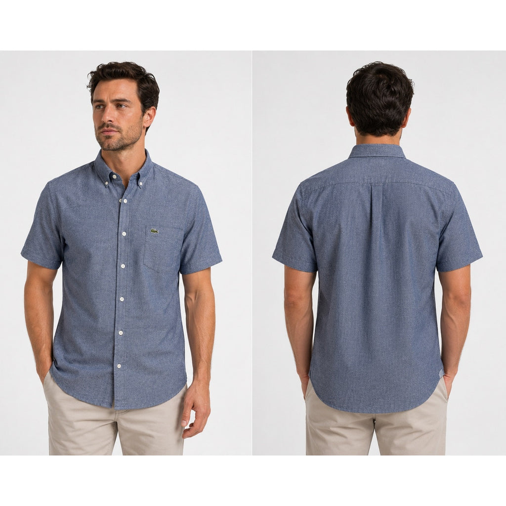 Lacoste Regular Fit Oxford Cotton Short Sleeve Shirt in Navy — Size Small // Preowned