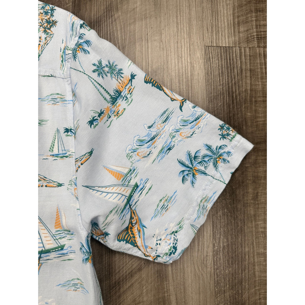 Tommy Bahama Sand Linen Sailfish Scenic Indigo Palms Short Sleeve Button Down in Dew Drop — Size Small