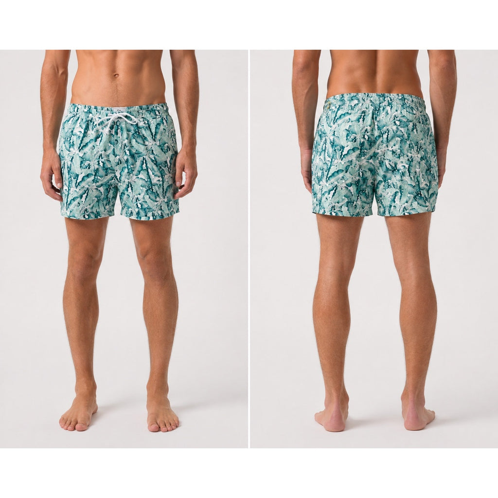 Mr. Mood Tropical Palms Swim Trunks in Green, White — Size Medium // Preowned