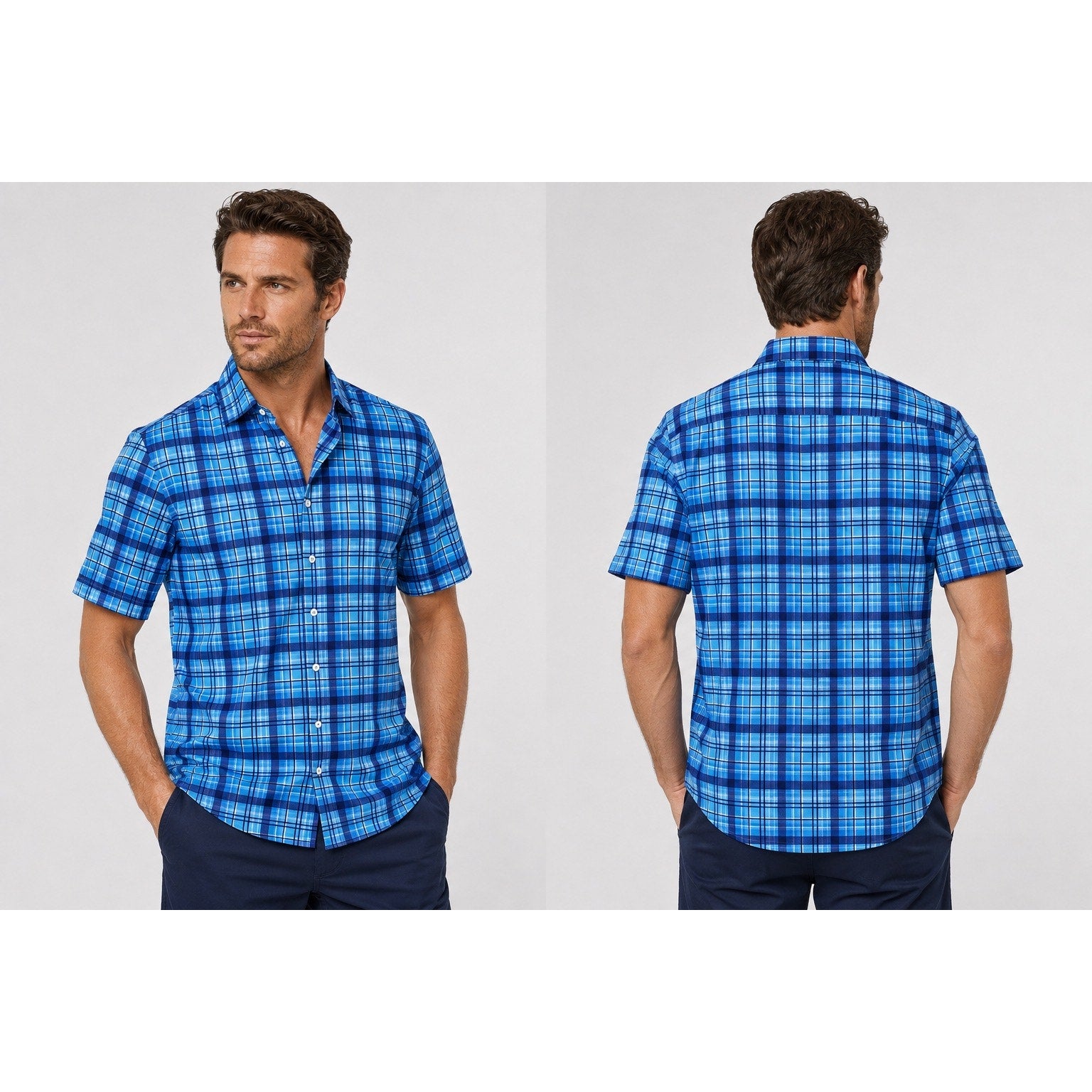 Bugatchi Plaid OoohCotton 8 Way Stretch Short Sleeve Shirt in Classic Blue — Size Medium