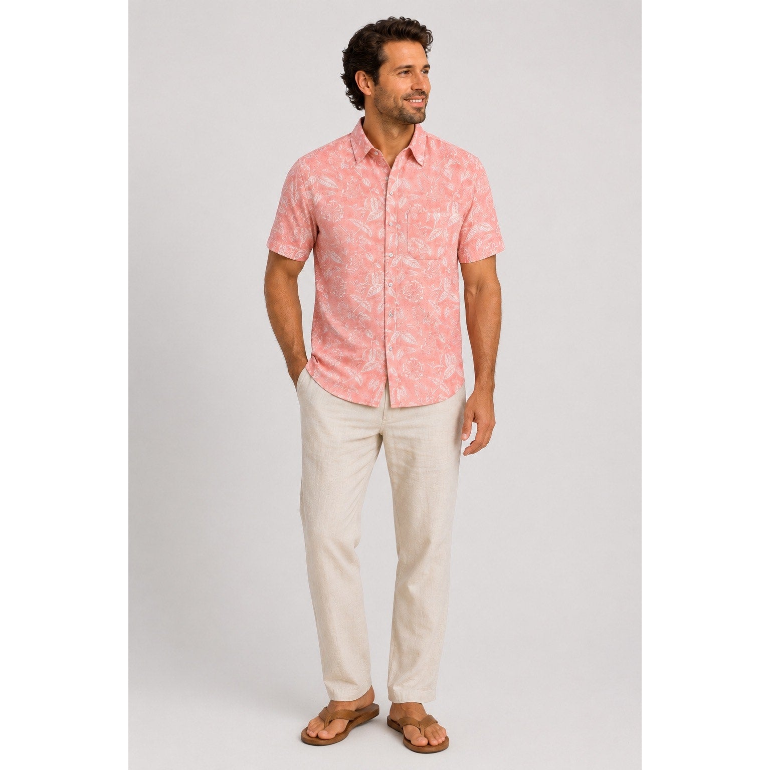 Tommy Bahama San Lucio Stretch Island Zone Short Sleeve Button Down in Coral White — Size XS