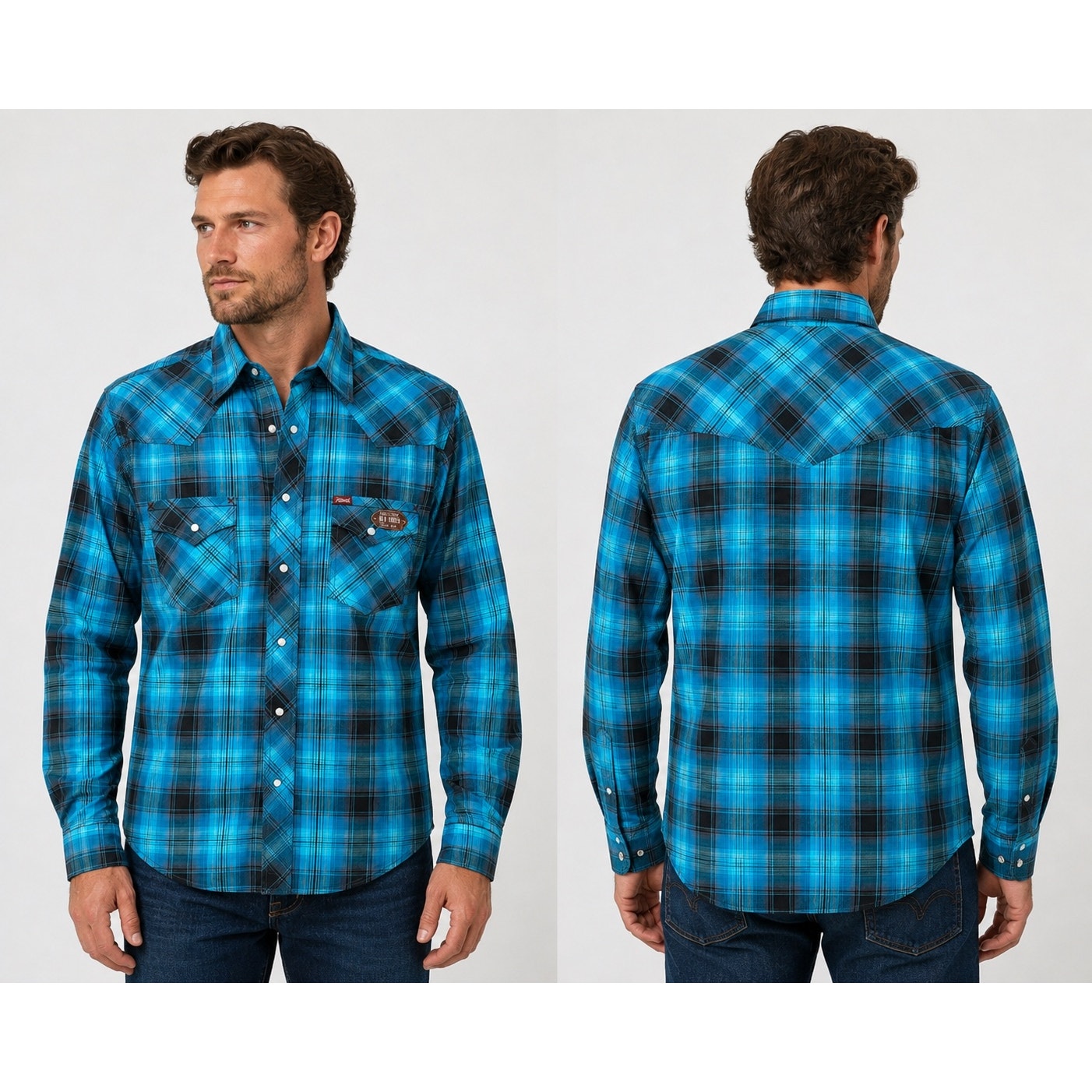 Rafter C Red Dirt Collection Plaid Non Iron Long Sleeve Pearl Snap in Turquoise, Black, Gray — Size Small
