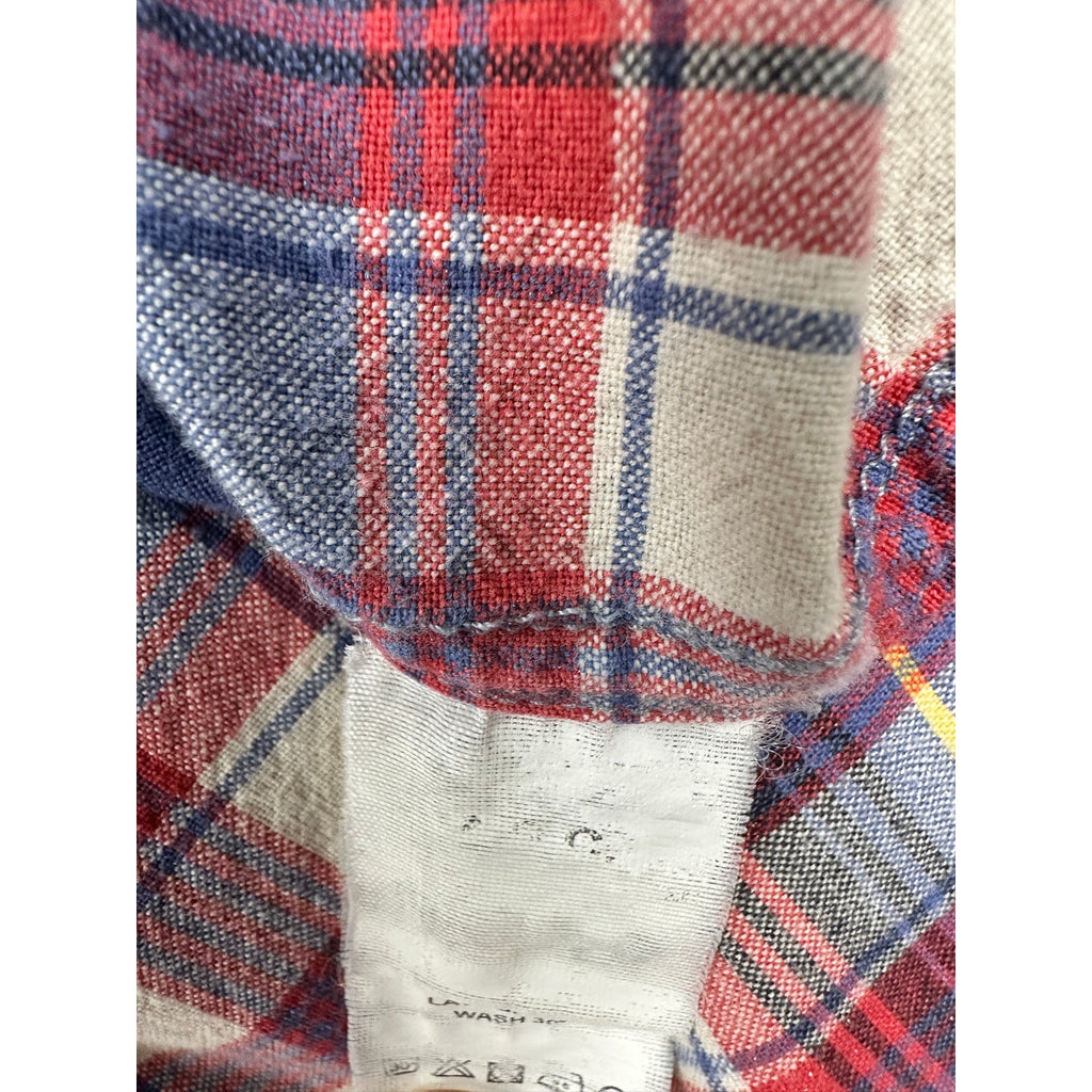 A.P.C. Madras Plaid Short Sleeve Button Down Shirt in Blue Red Ivory Yellow — Size Large // Preowned