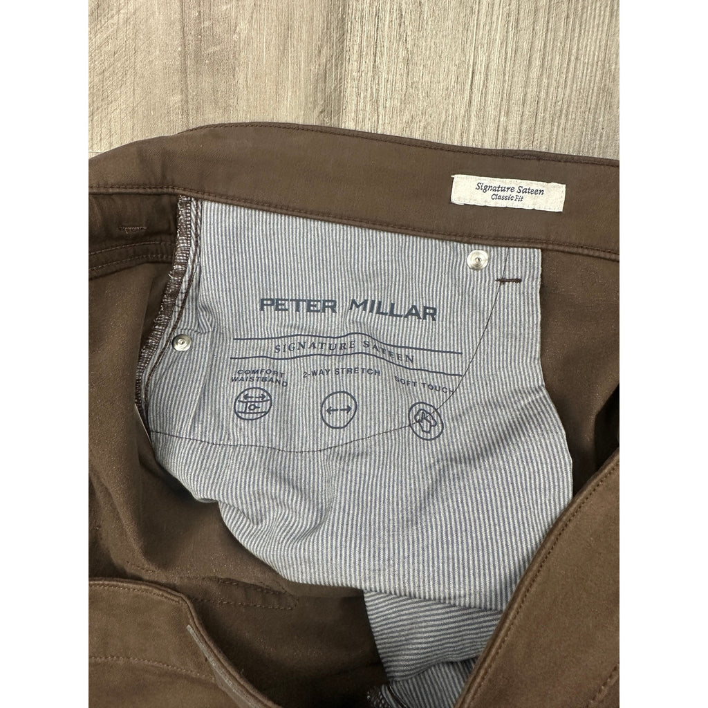 Peter Millar Signature Sateen 5 Pocket Chino Pants in French Press Brown — Size 42x34