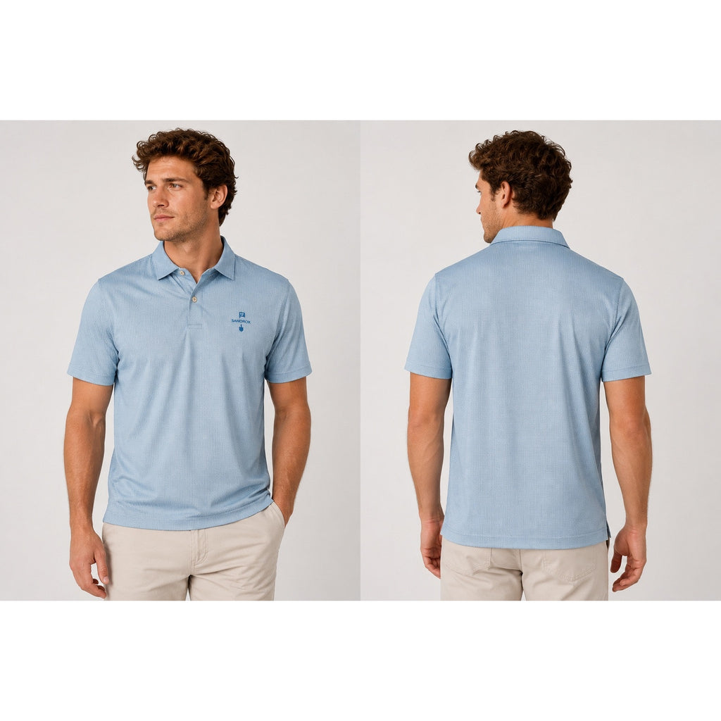 Peter Millar Featherweight UPF 50+ Golf Polo in Blue Green and White Geo Print — Size Small // Preowned