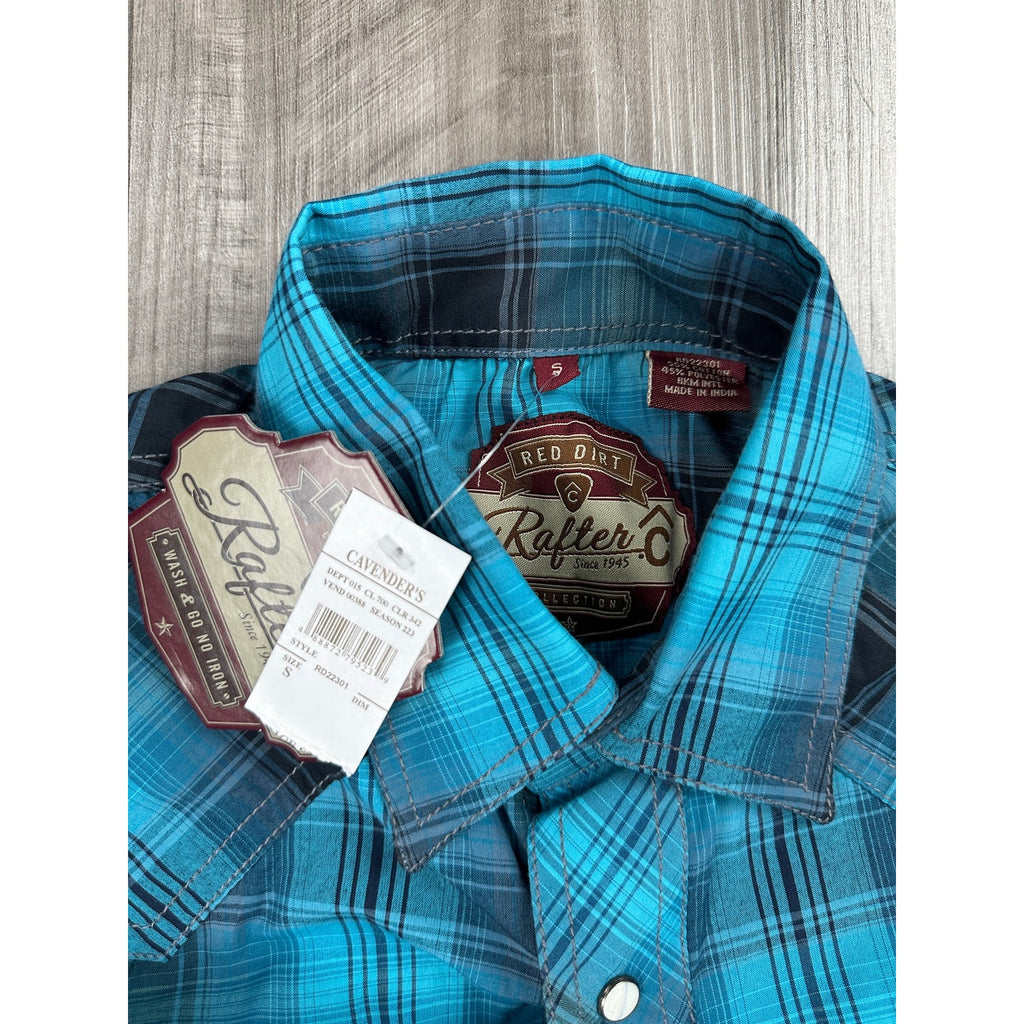 Rafter C Red Dirt Collection Plaid Non Iron Long Sleeve Pearl Snap in Turquoise, Black, Gray — Size Small