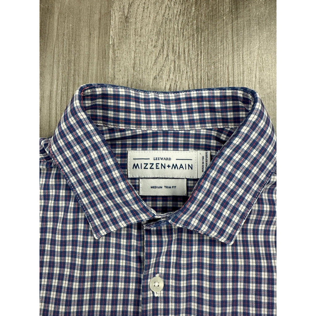 Mizzen+Main Leeward Trim Fit Performance Plaid Long Sleeve Button Down in Navy Red White — Size Medium // Preowned