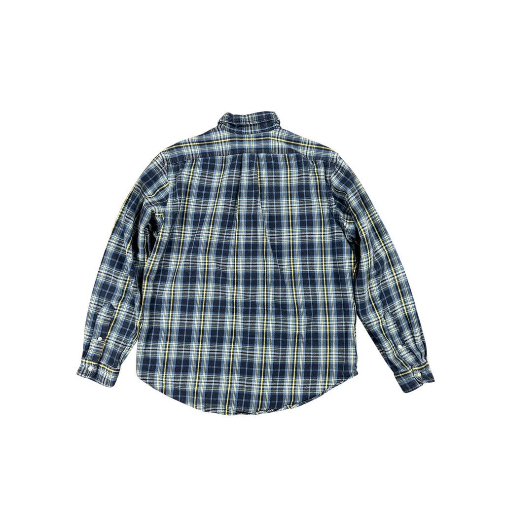 Ralph Lauren Vintage Classic Fit Flannel Plaid Long Sleeve Button Down in Navy Blue Yellow and White — Size Large // Preowned