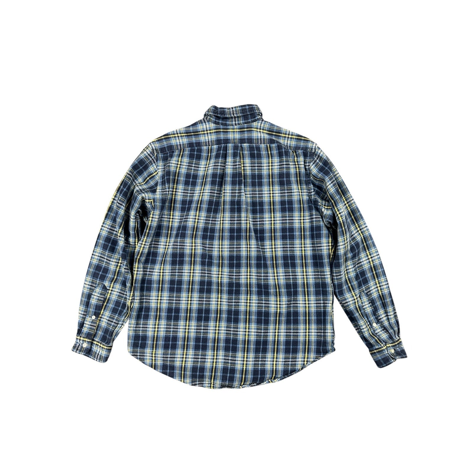 Ralph Lauren Vintage Classic Fit Flannel Plaid Long Sleeve Button Down in Navy Blue Yellow and White — Size Large // Preowned