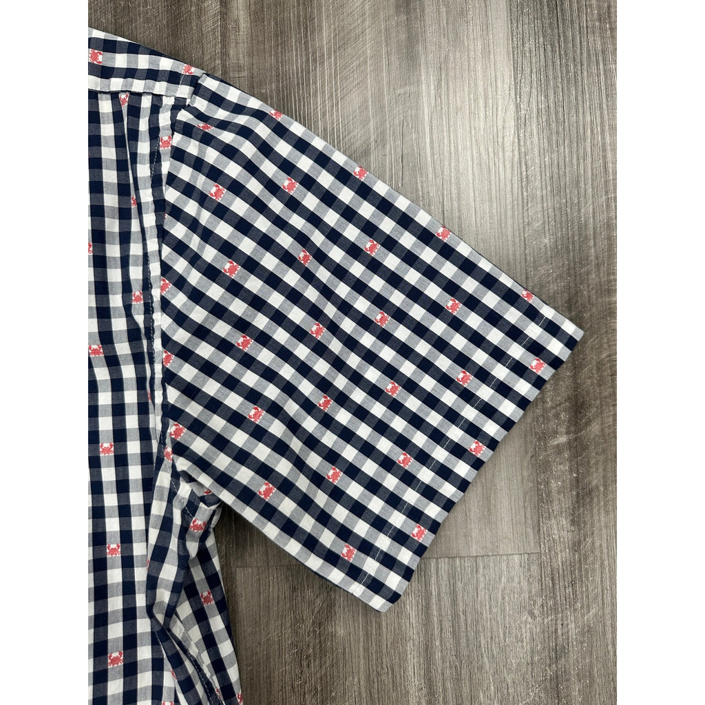 Brooks Brothers Regent Fit Gingham Crab Print Short Sleeve Shirt in Navy, White, Red — Size Large // Preowned