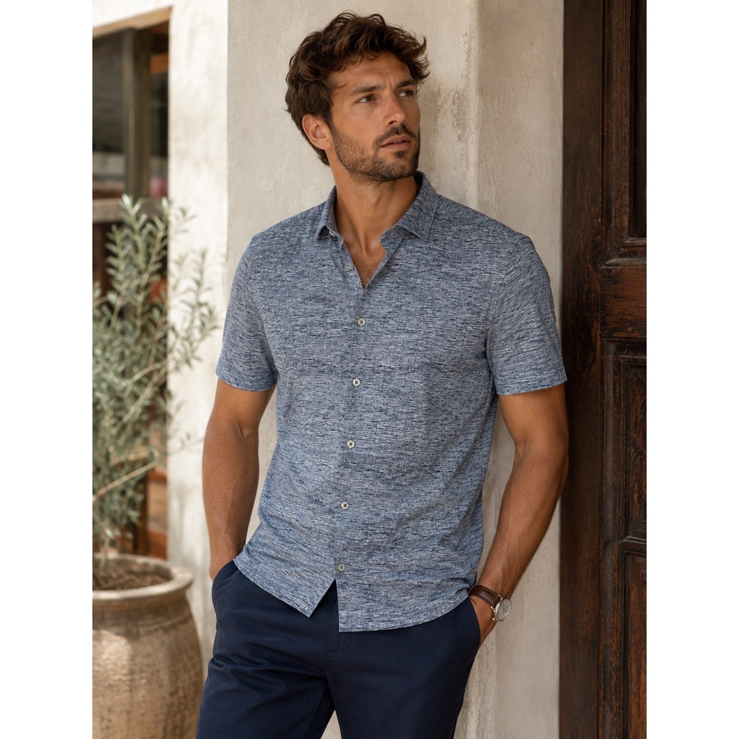 Bugatchi OoohCotton 8 Way Stretch Short Sleeve Shirt in Navy — Size Medium // Preowned