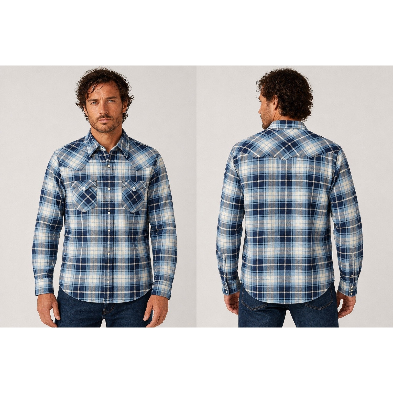 Ralph Lauren Denim and Supply Flannel Plaid Long Sleeve Pearl Snap Button Down in Blue Light Blue White — Size Large // Preowned