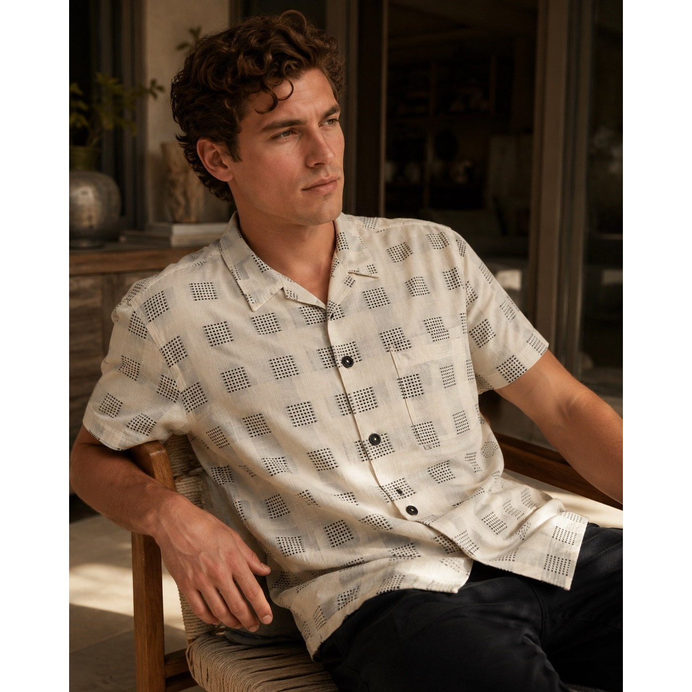 Billy Reid Short Sleeve Linen Blend Camp Shirt in Natural and Black — Size Medium // Preowned
