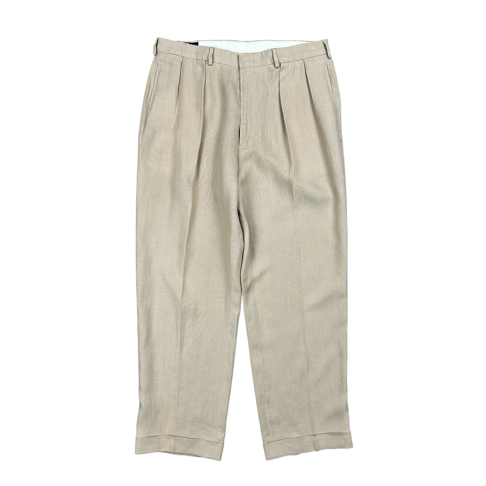 Polo Ralph Lauren Vintage The Tyler Dominican Republic Linen Pleated Cuffed Pants in Khaki — Size 36x32 // Preowned
