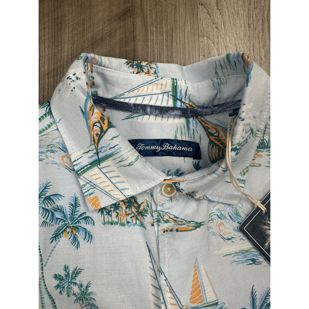 Tommy Bahama Sand Linen Sailfish Scenic Indigo Palms Short Sleeve Button Down in Dew Drop — Size Small