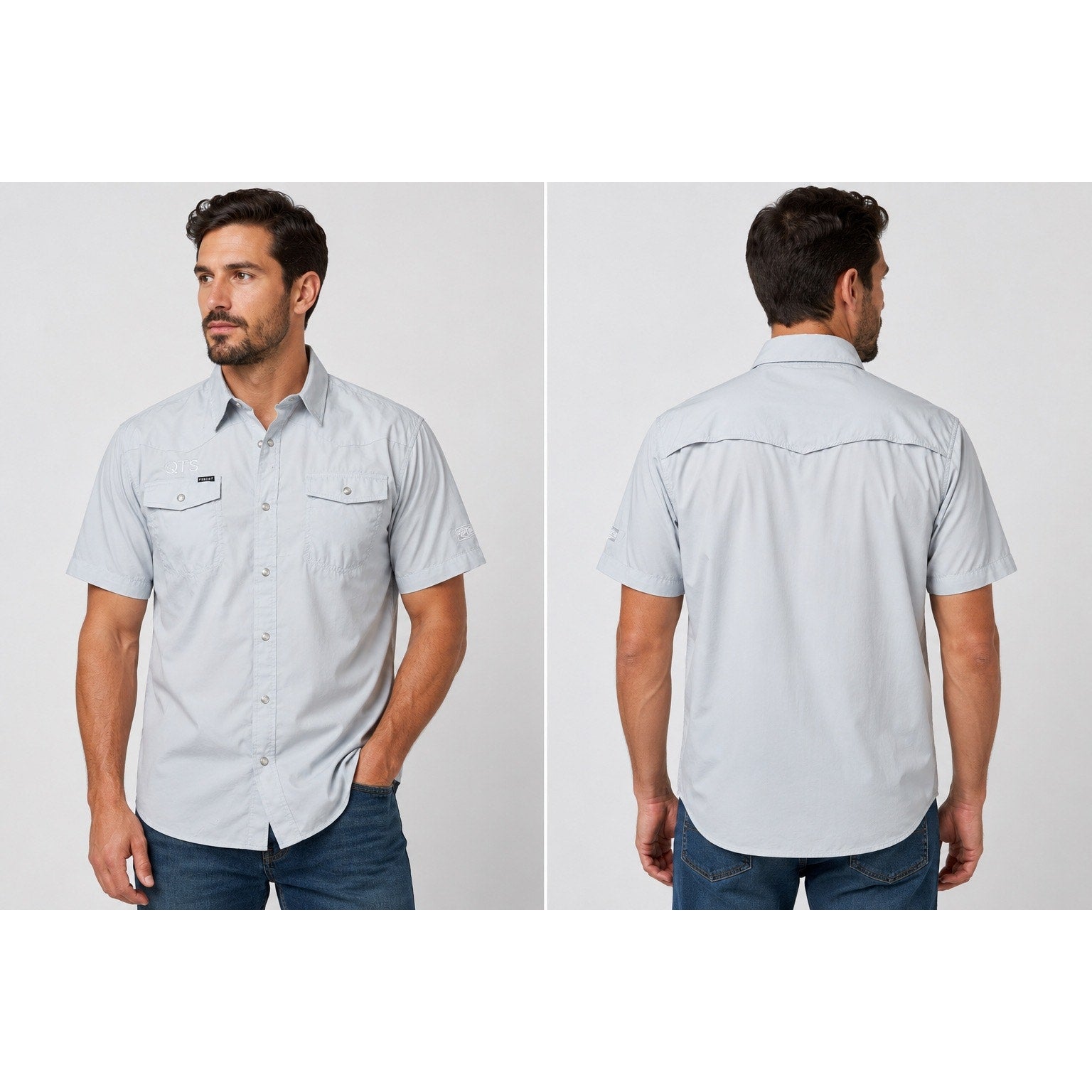 Poncho Regular Fit Western Performance Short Sleeve Pearl Snap Button Down in Light Blue — Size Large // Preowned