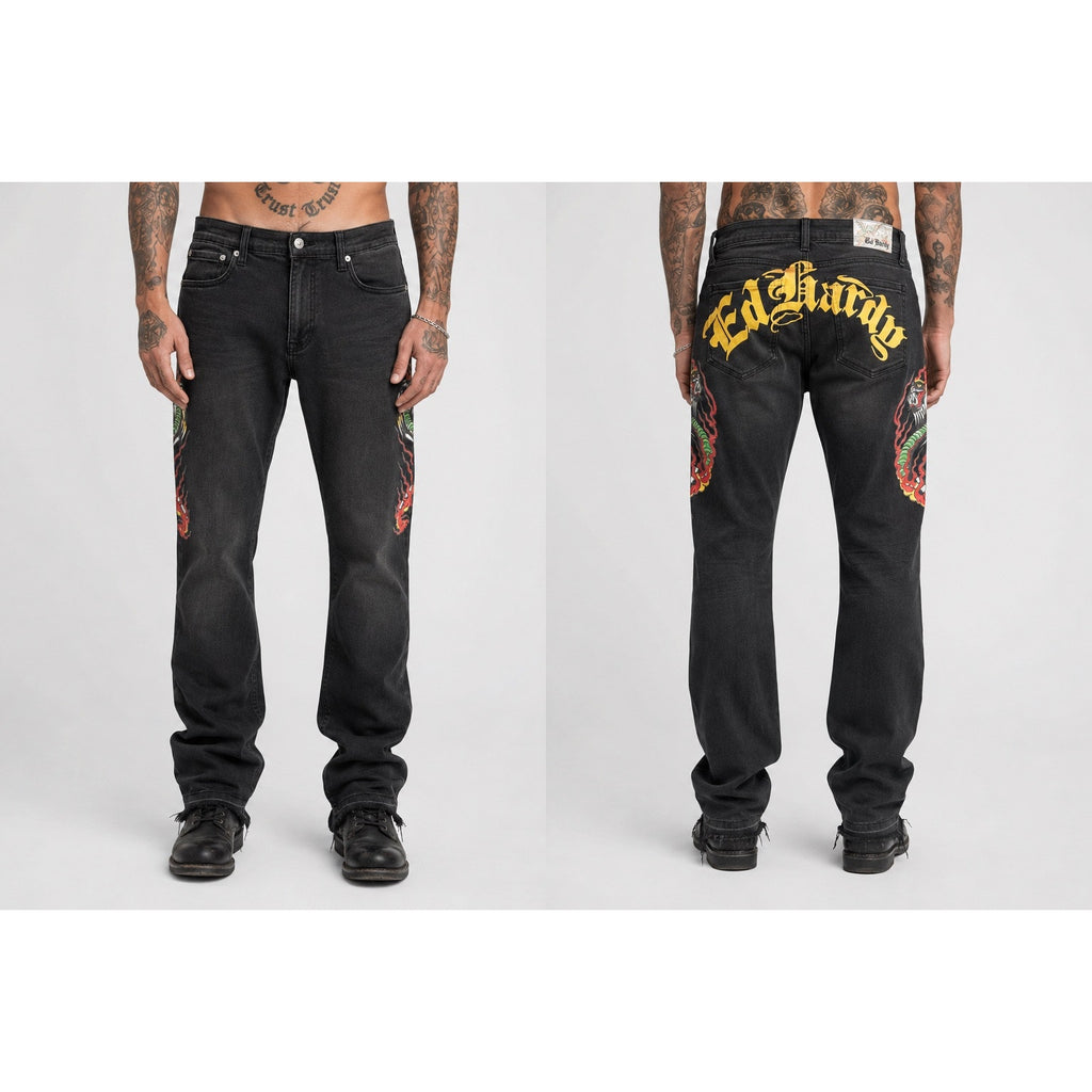 Ed Hardy Stacked Boot Cut Stretch Jeans in Black Wash — Size 34