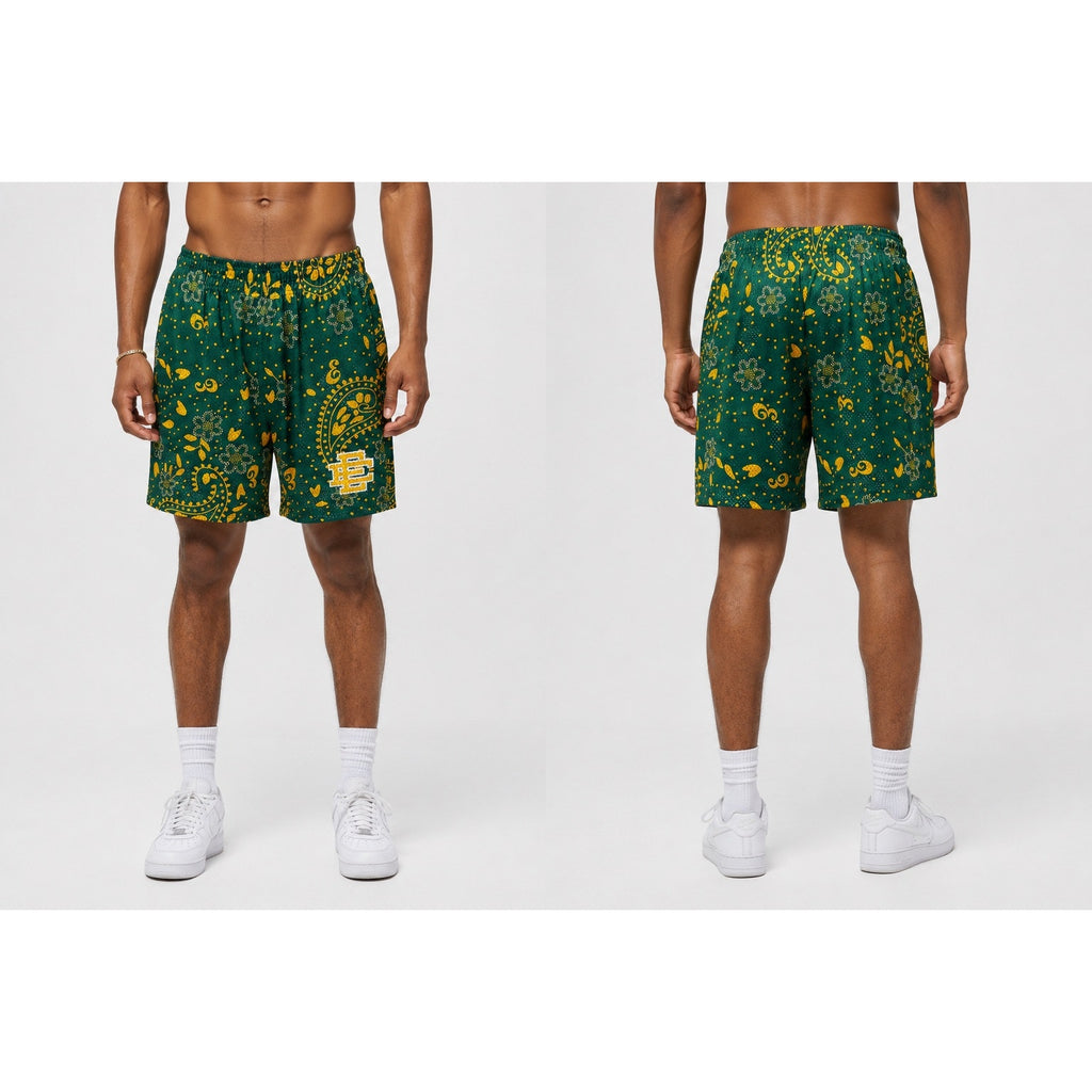 Eric Emanuel Paisley Mesh Gym Shorts in Green, Golden Yellow and White — Size XL // Preowned