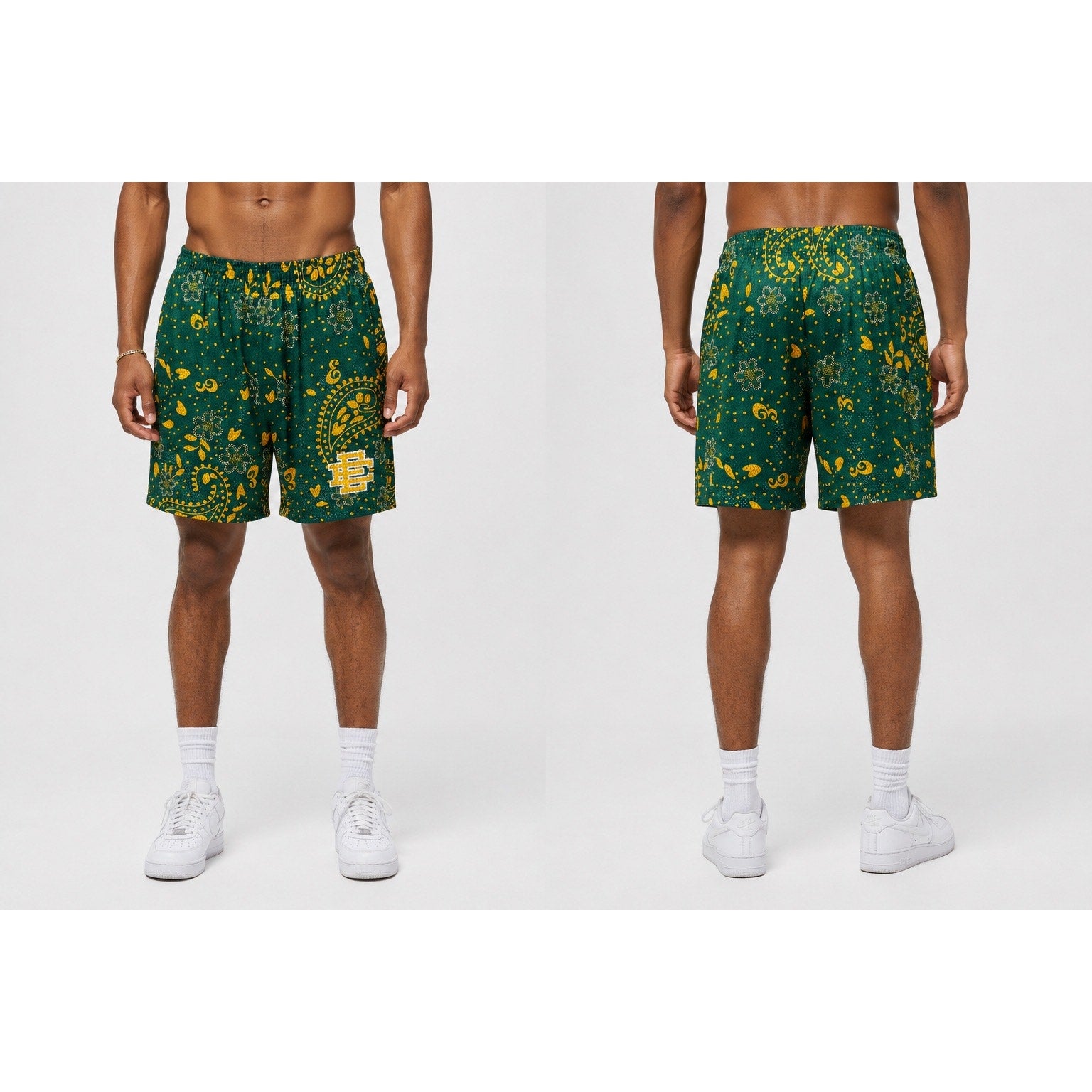 Eric Emanuel Paisley Mesh Gym Shorts in Green, Golden Yellow and White — Size XL // Preowned