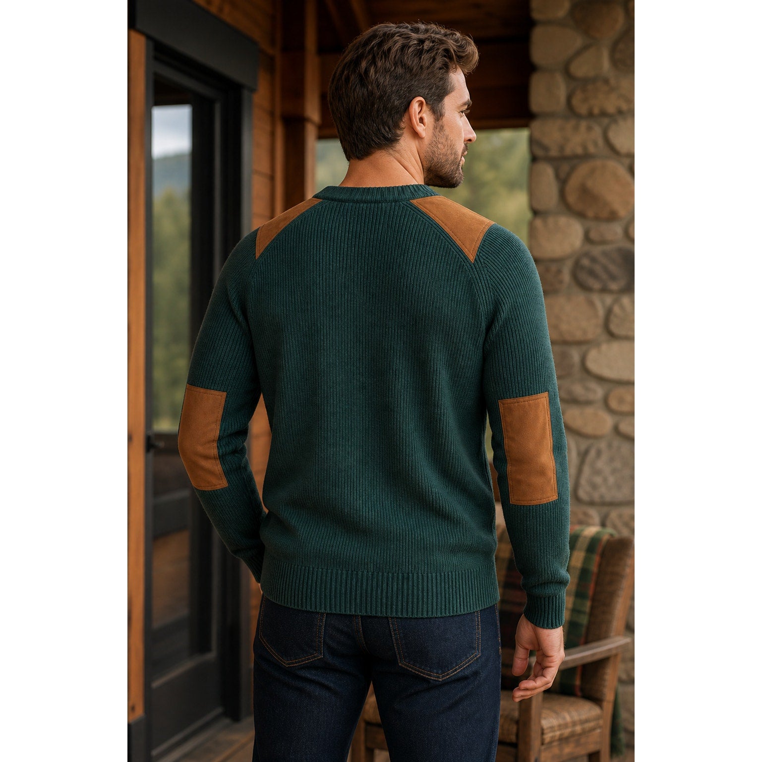 Hunter Faux Leather Patched Hunter Green Knit Crew Neck Sweater - XL