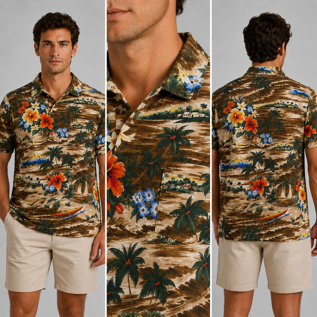 Polo Ralph Lauren Brown Hawaiian Floral Beach Classic Fit Linen Blend Polo - XS