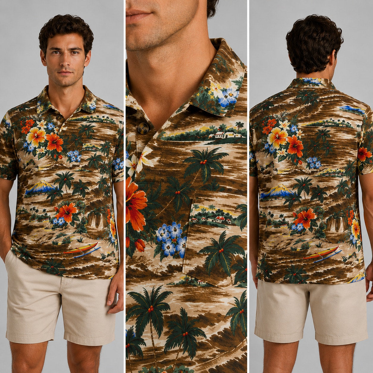 Polo Ralph Lauren Brown Hawaiian Floral Beach Classic Fit Linen Blend Polo - XS