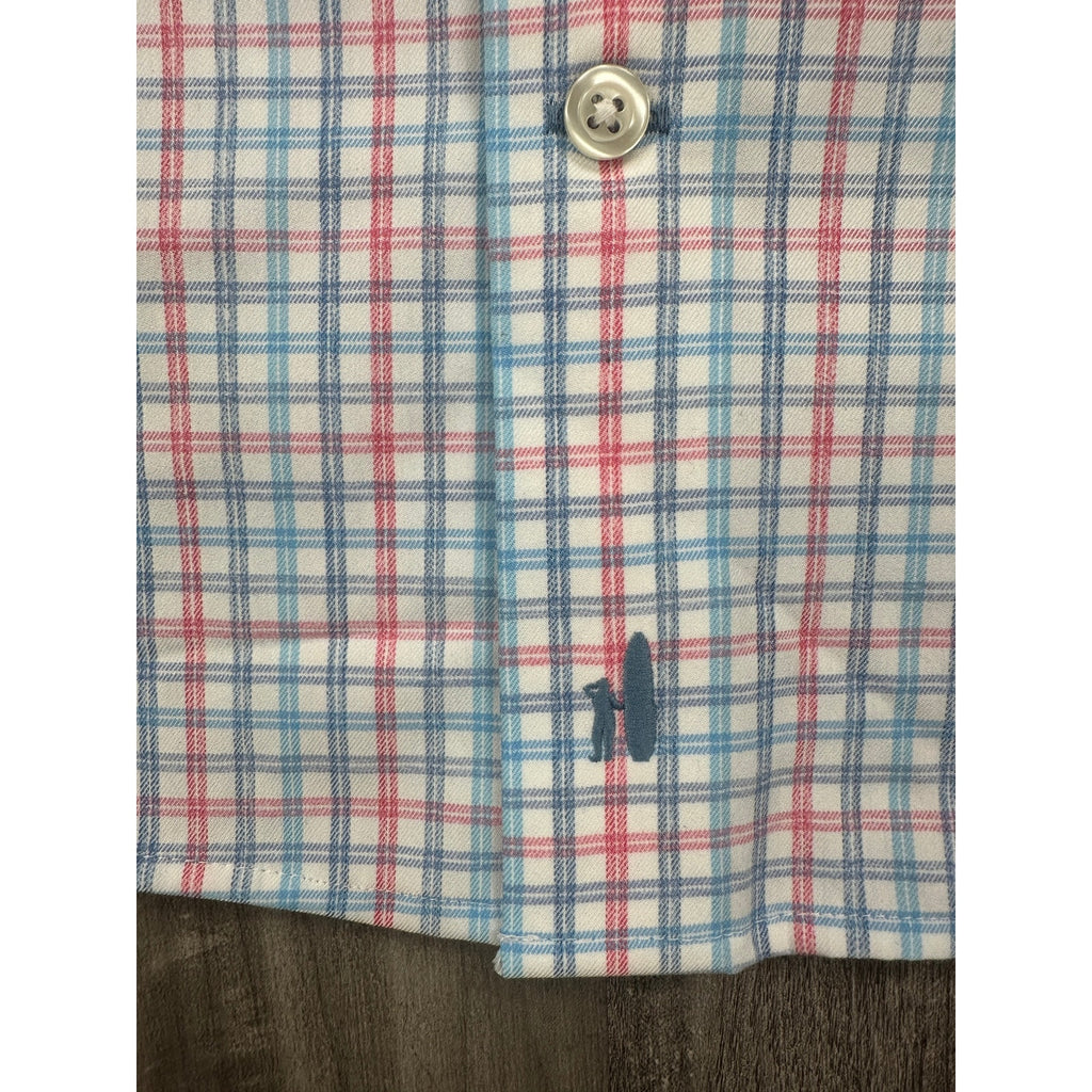 Johnnie-O Han Everyday Performance Long Sleeve Button Down in White with Pink, Navy and Blue — Size XL