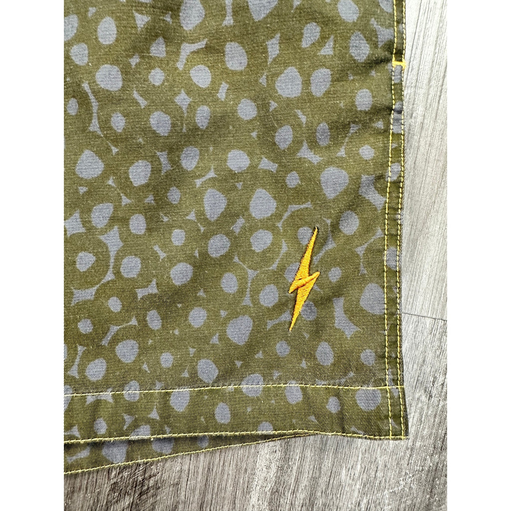 Lightning Bolt Circle Board Shorts in Olive, Gray — Size 30 // Preowned