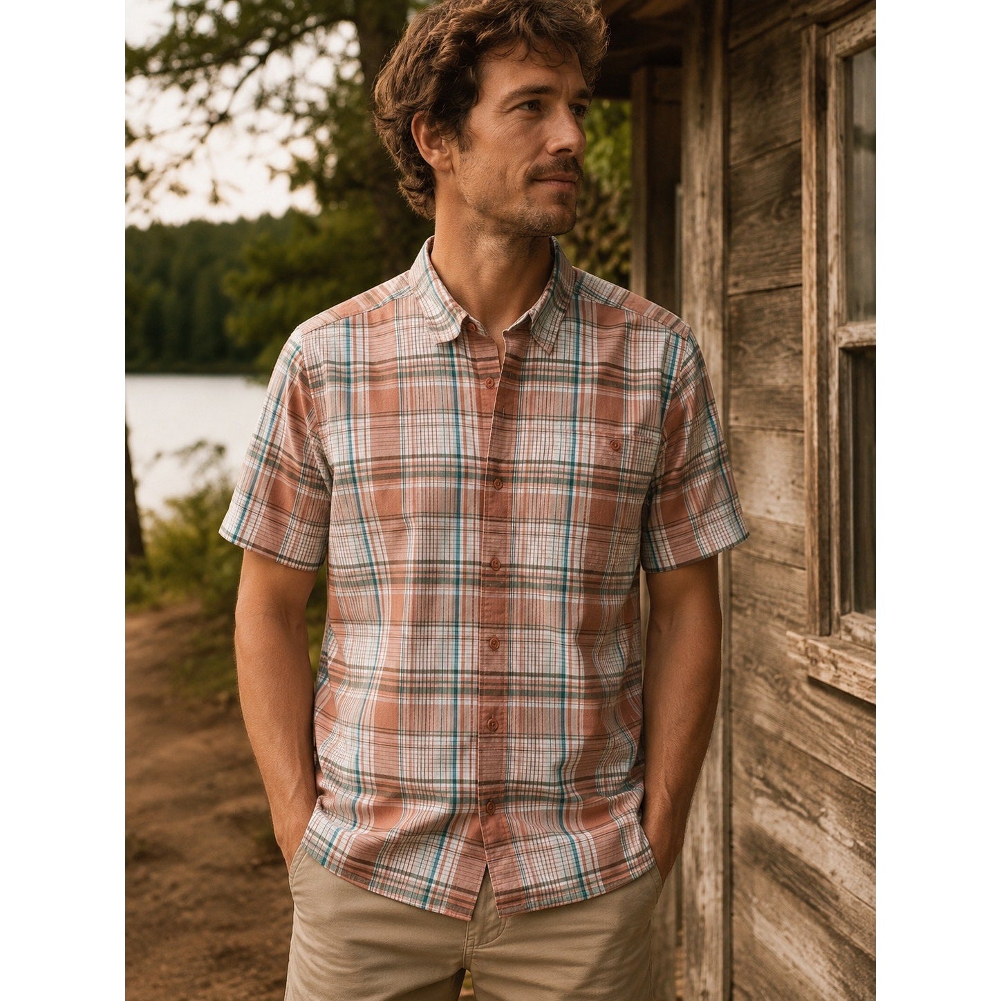 Patagonia Puckerwear Plaid Short Sleeve Button Down in Coral Teal Ivory — Size Medium // Preowned