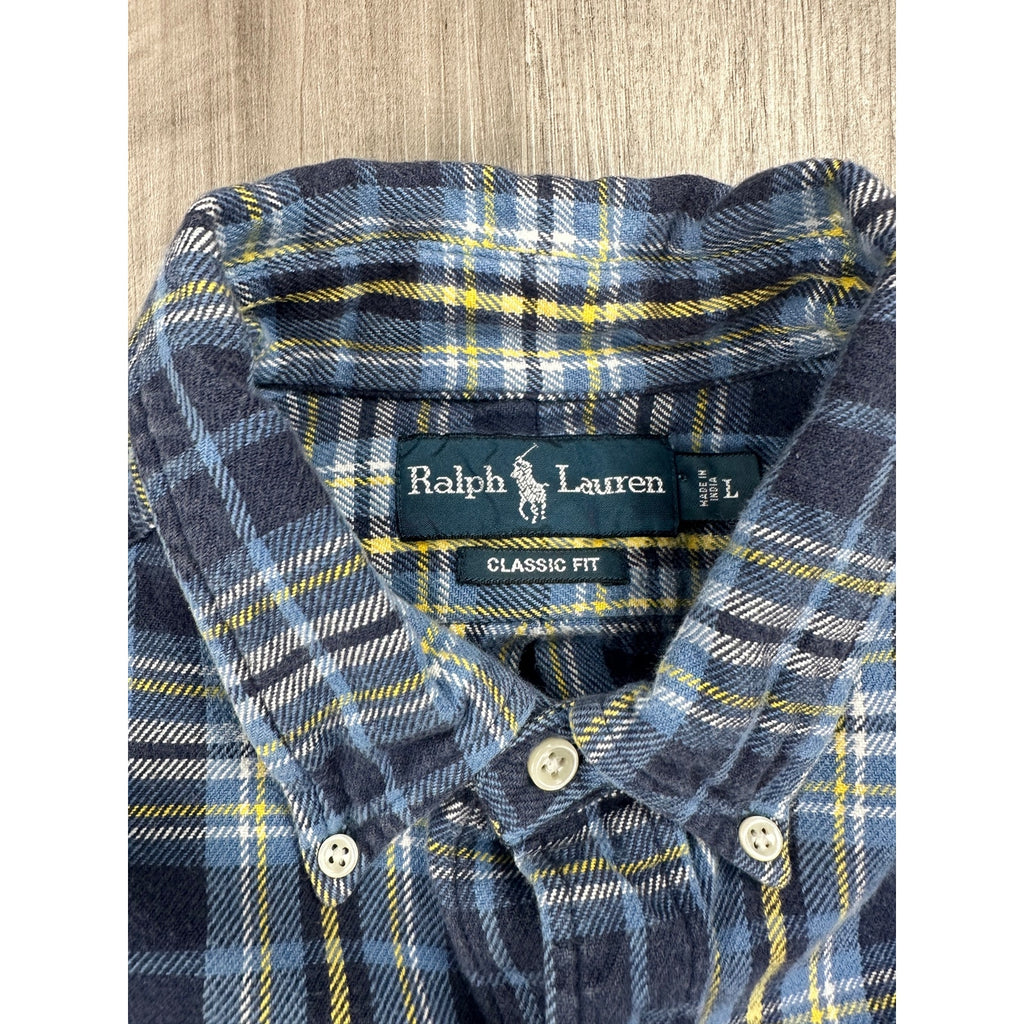 Ralph Lauren Vintage Classic Fit Flannel Plaid Long Sleeve Button Down in Navy Blue Yellow and White — Size Large // Preowned