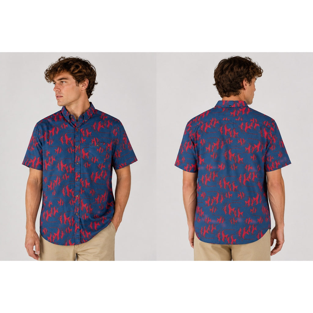 Vissla Deep Seas Short Sleeve Button Down in Dark Blue Gray Red — Size XL // Preowned