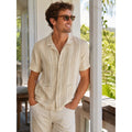 Marine Layer Natural Vertical Stripe Short Sleeve Woven Camp Shirt in Natural Tan, White — Size Medium // Preowned