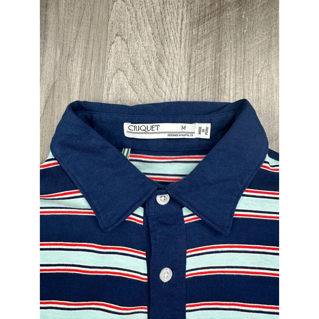 Criquet Striped Players Pocket Polo in Navy, Red, Seafoam Green — Size Medium // Preowned
