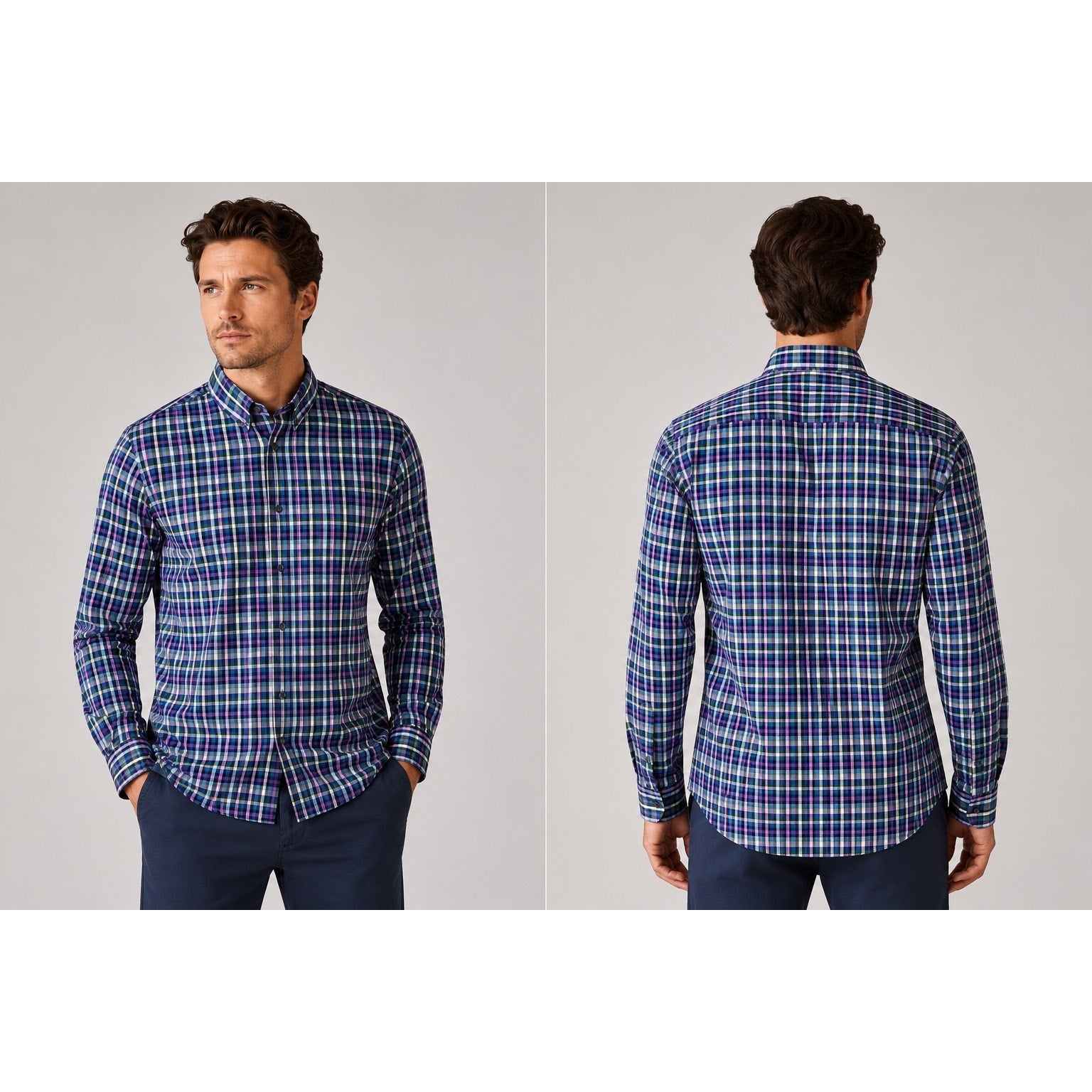 Mizzen+Main Leeward Collection Trim Fit Plaid Long Sleeve Button Down in Blue, Navy, Purple, Green and White — Size 2XL // Preowned
