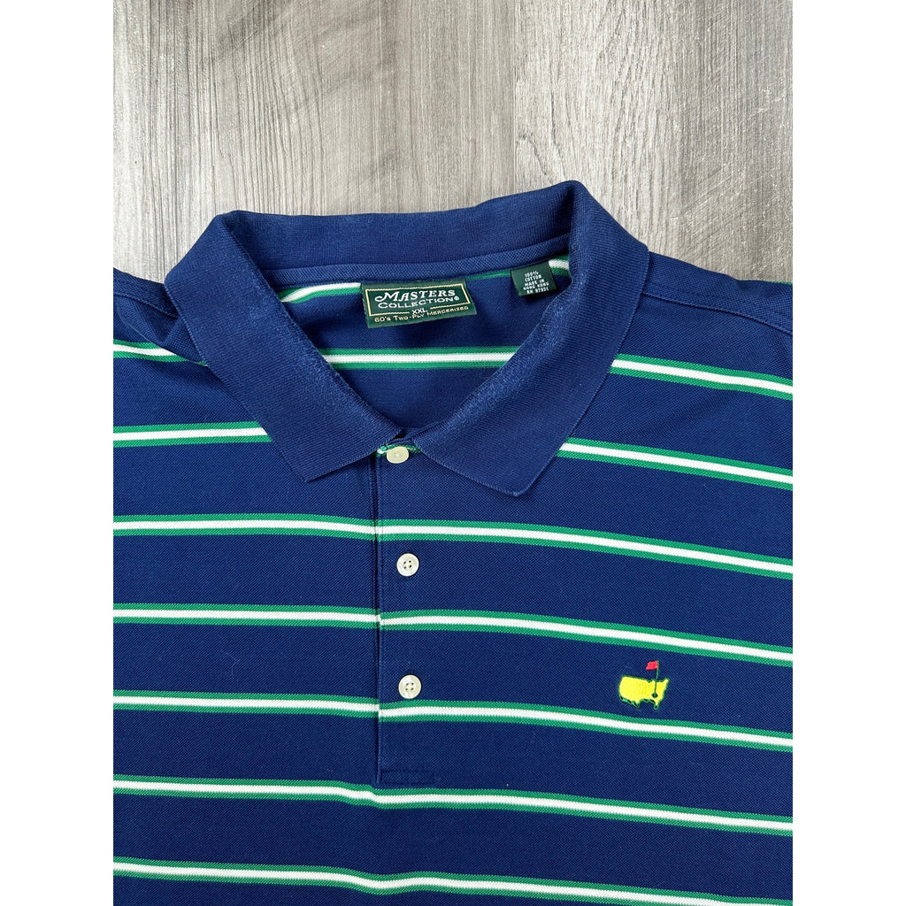 Masters Collection 60s Two Ply Mercerized Striped Mesh Knit Polo in Navy Green White — Size 2XL // Preowned