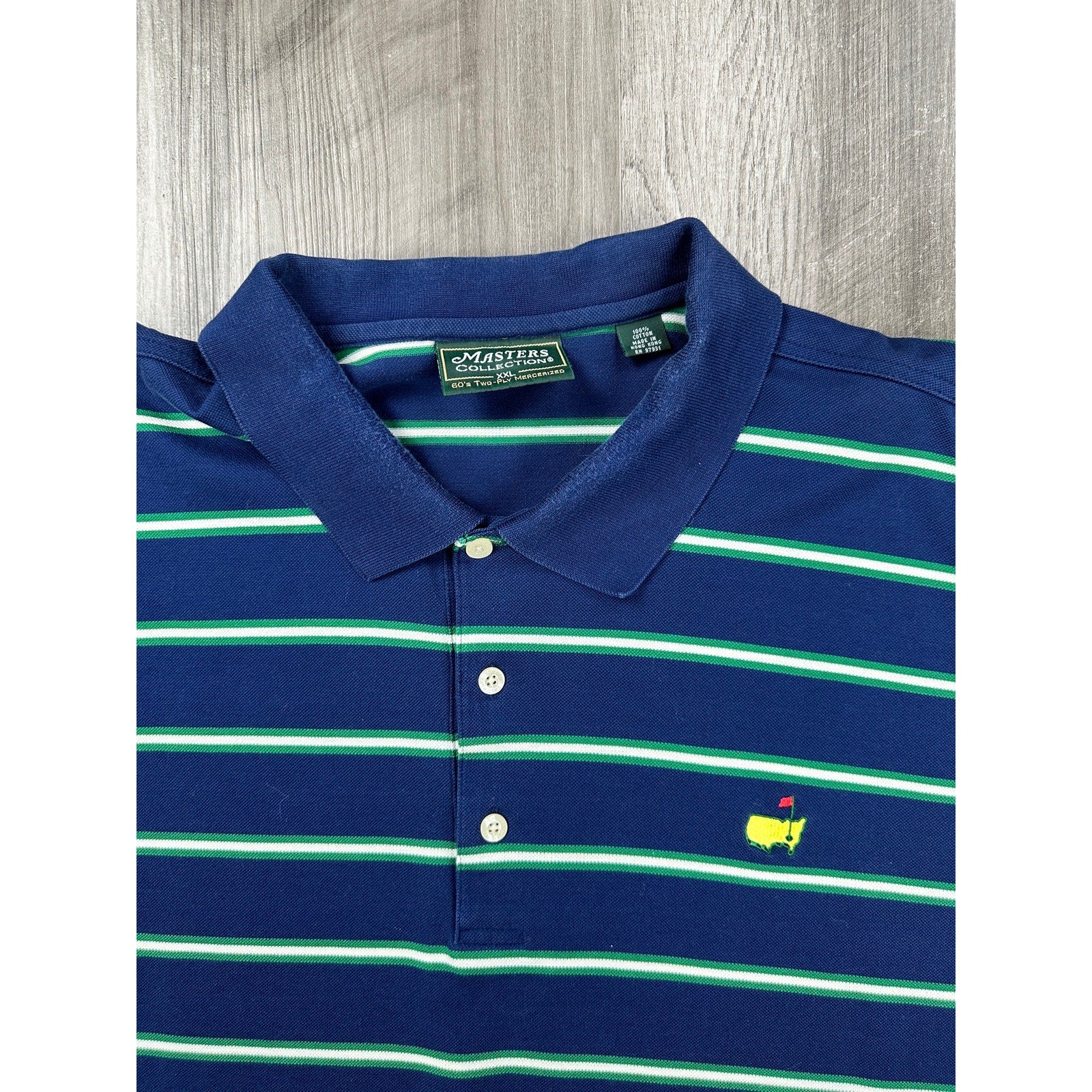 Masters Collection 60s Two Ply Mercerized Striped Mesh Knit Polo in Navy Green White — Size 2XL // Preowned