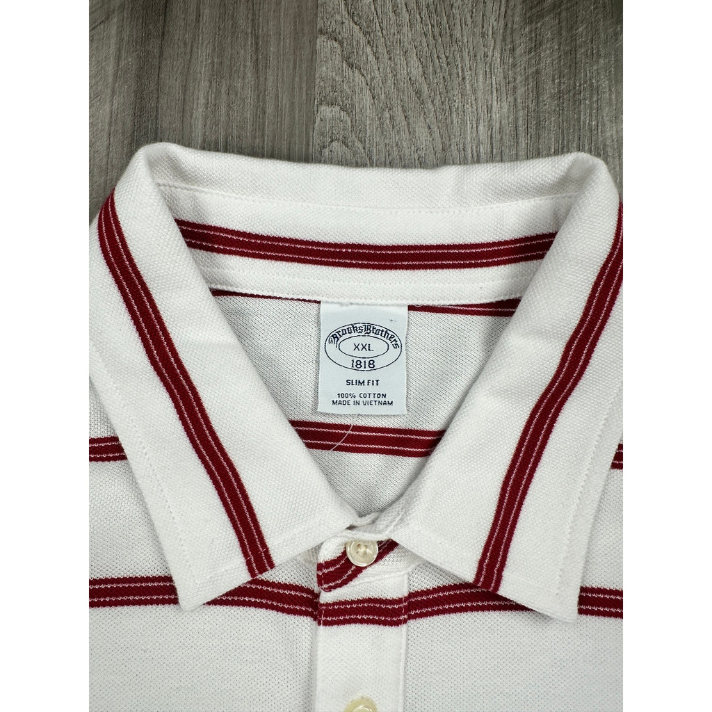 Brooks Brothers Slim Fit Striped Pique Polo in White, Red — Size 2XL