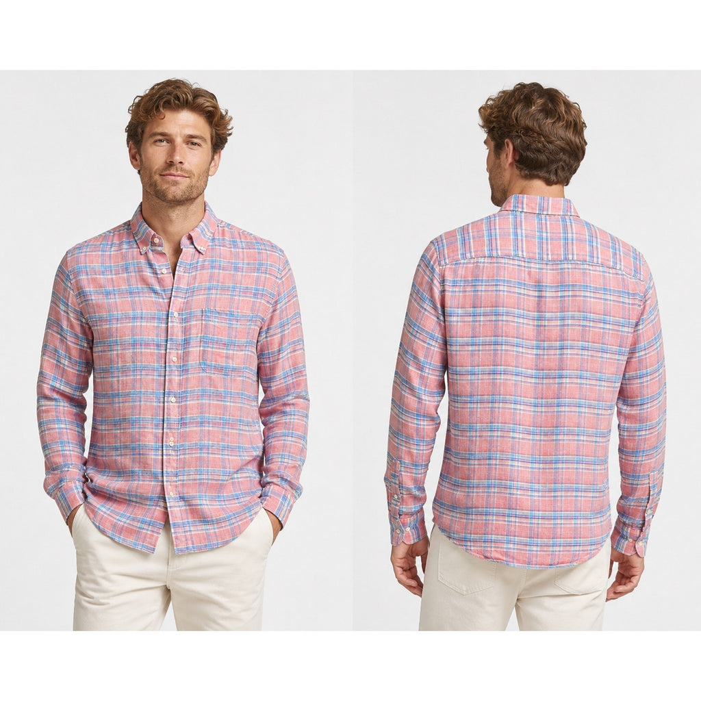 Faherty Linen Plaid Long Sleeve Button Down in Pink, Blue, Purple, White — Size Small // Preowned