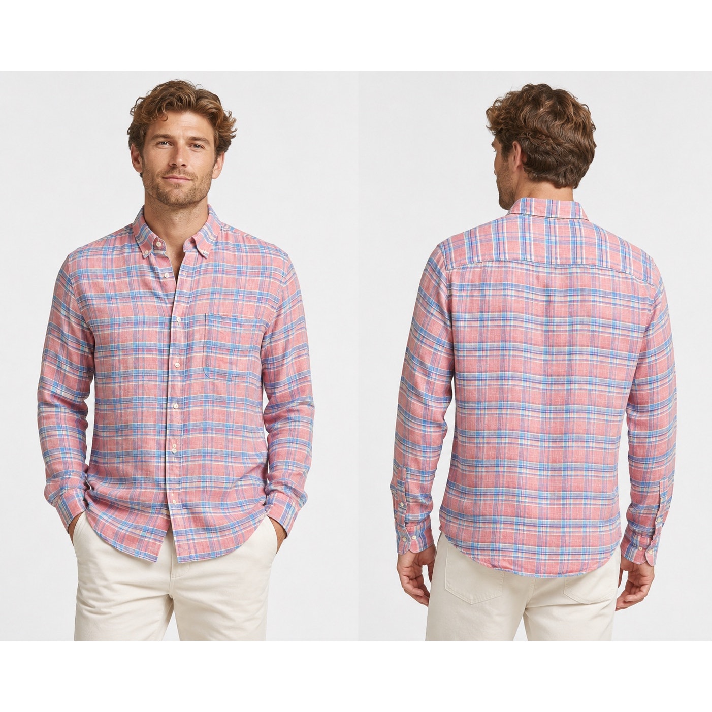 Faherty Linen Plaid Long Sleeve Button Down in Pink, Blue, Purple, White — Size Small // Preowned