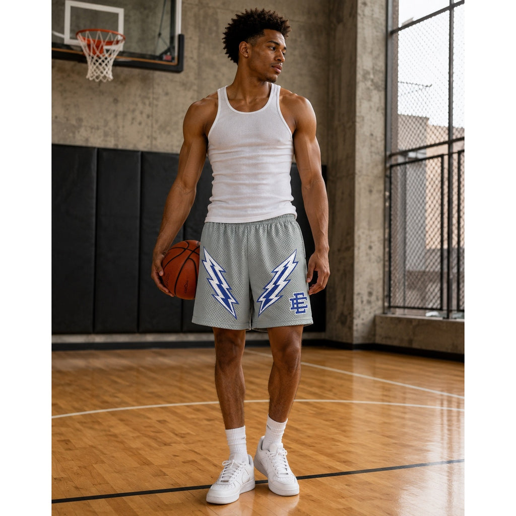 Eric Emanuel Bolt Mesh Gym Shorts in Gray, Blue and White — Size XL // Preowned