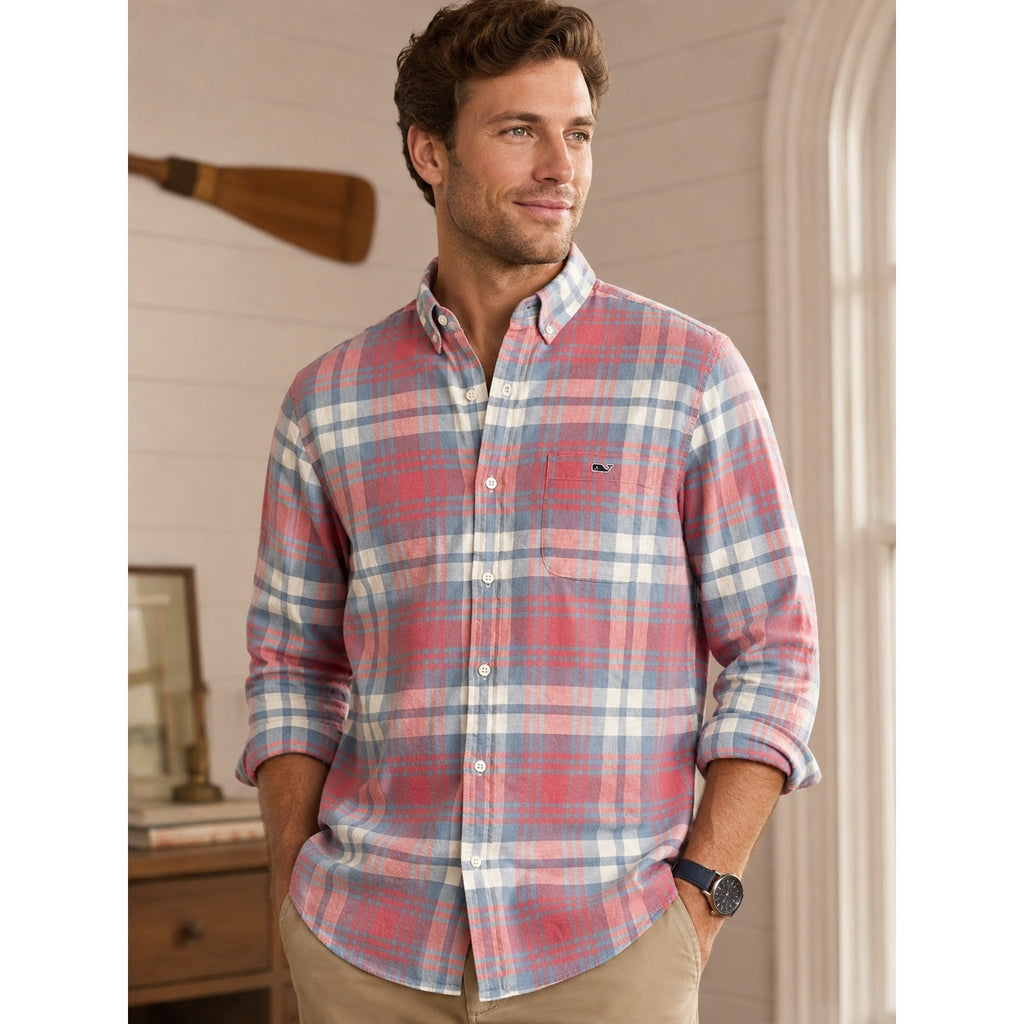 Vineyard Vines Slim Fit Tucker Shirt in Pink Blue Gray White Plaid Linen Blend — Size Large