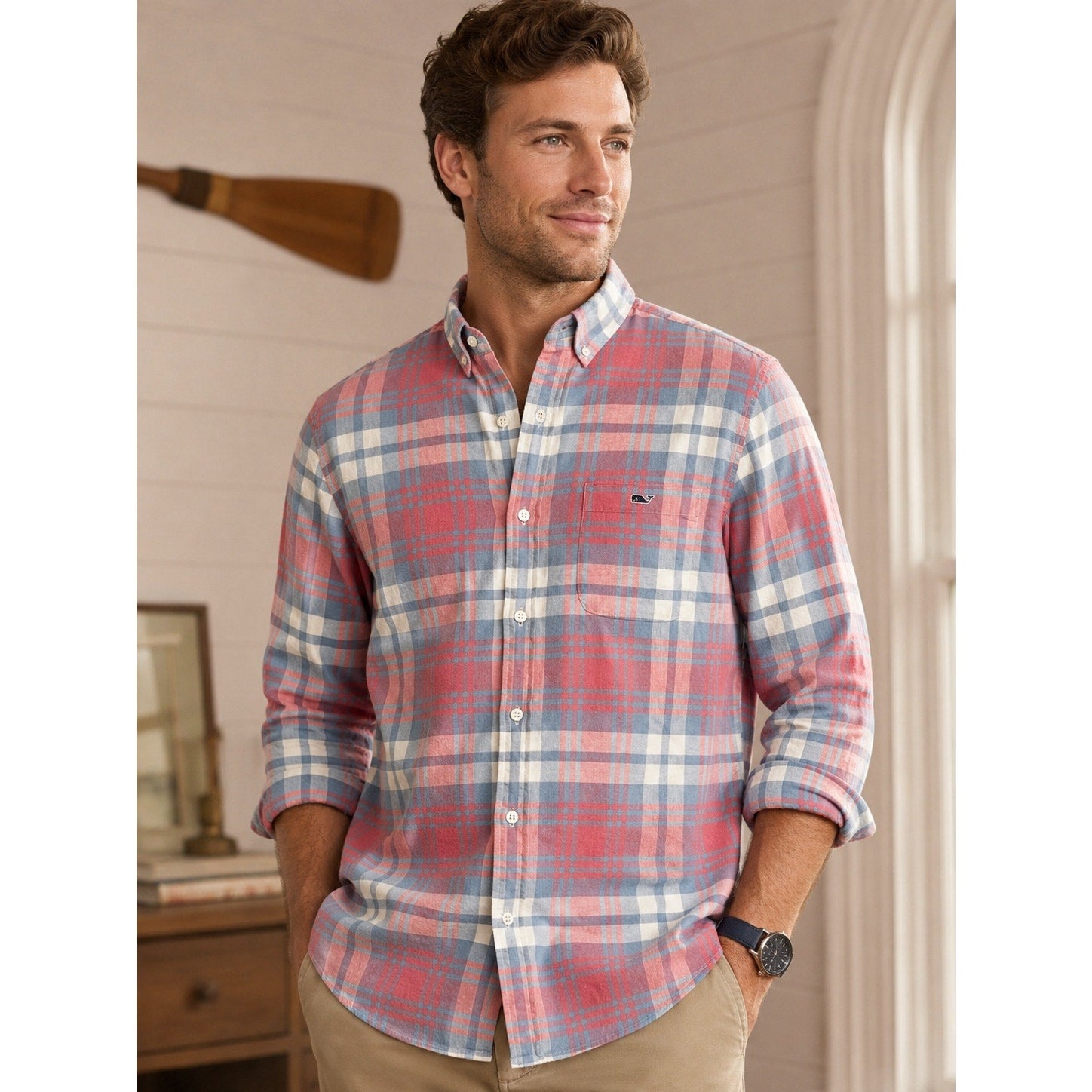 Vineyard Vines Slim Fit Tucker Shirt in Pink Blue Gray White Plaid Linen Blend — Size Large
