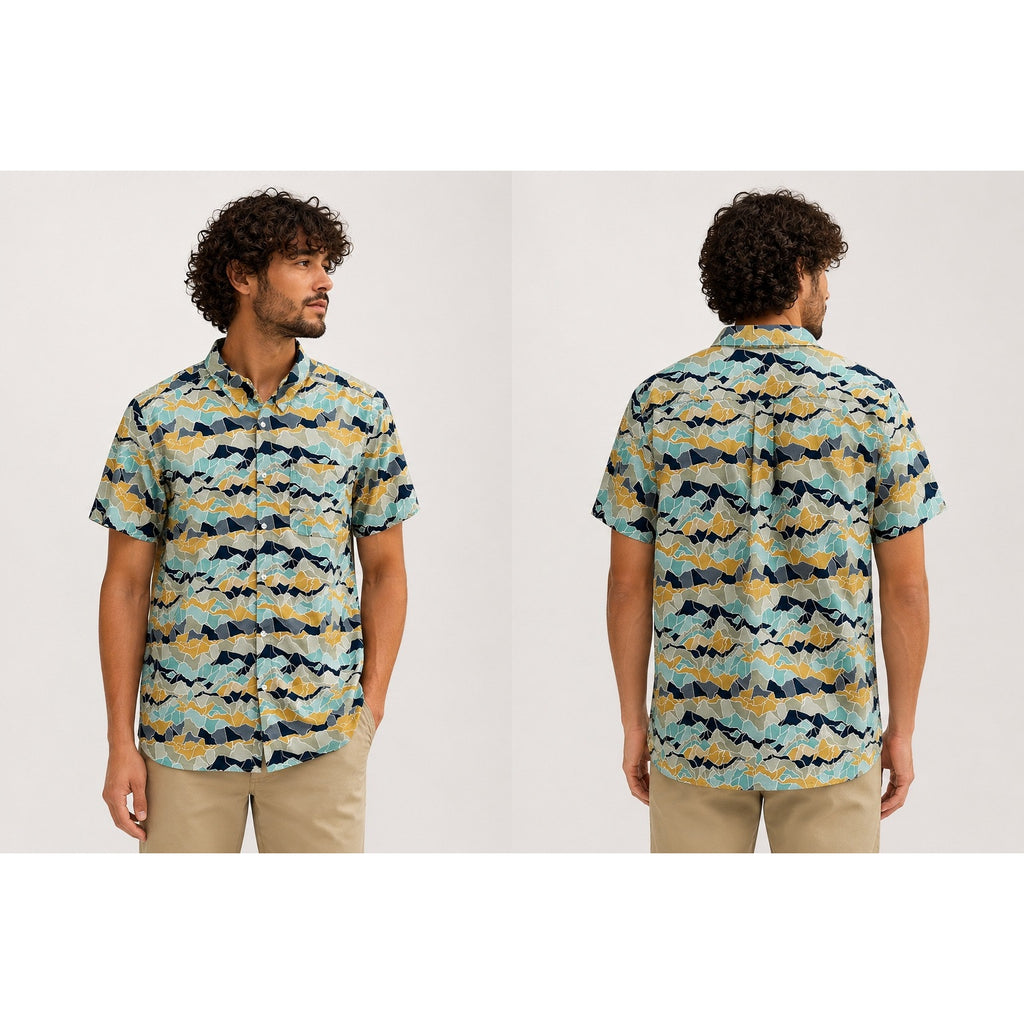 The North Face Baytrail Pattern Short Sleeve Button Down in Light Teal Navy Golden Yellow Light Olive White — Size XL // Preowned