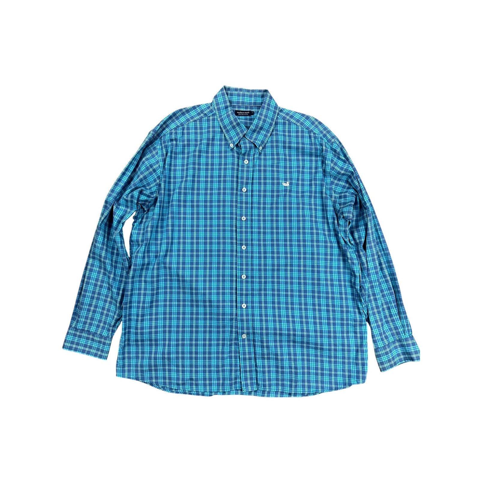 Southern Marsh Plaid Cotton Button-Down in Slate Blue & Turquoise — XL