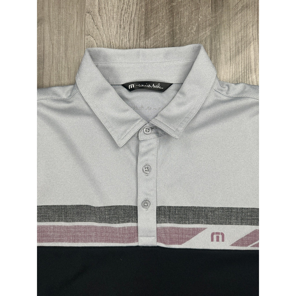 TravisMathew Real Treat Striped Stretch Golf Polo in Gray, Black, Purple — Size Large // Preowned